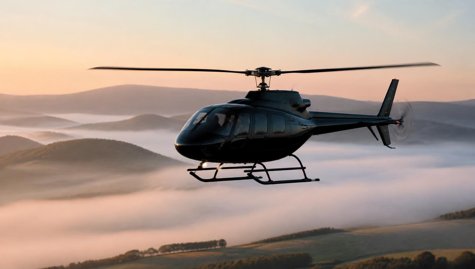 Robinson R66 helicopter in flight above mist at dawn