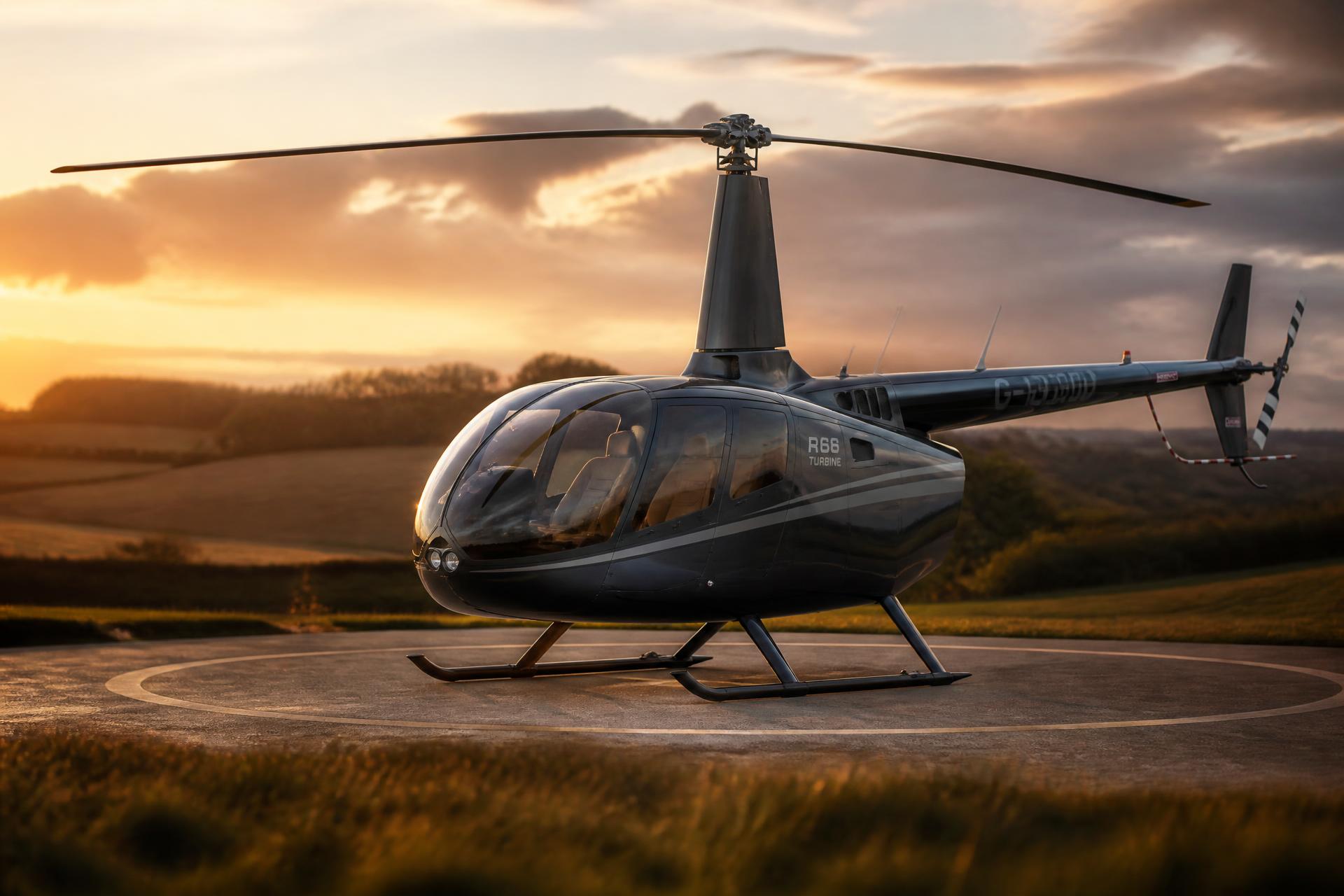 Robinson R66 turbine helicopter on a private helipad at dusk