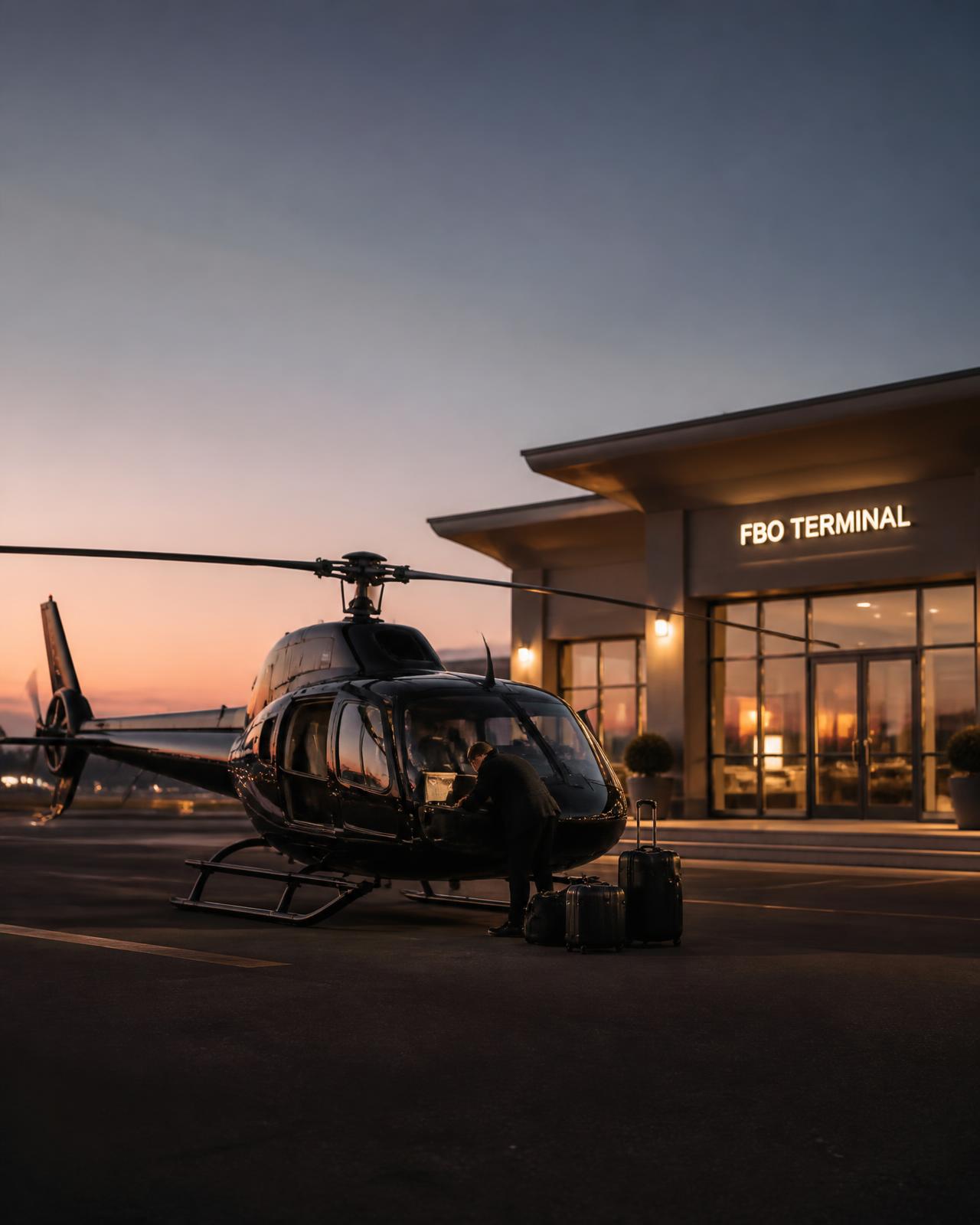 Robinson R66 helicopter beside a private terminal at dusk with luggage being loaded