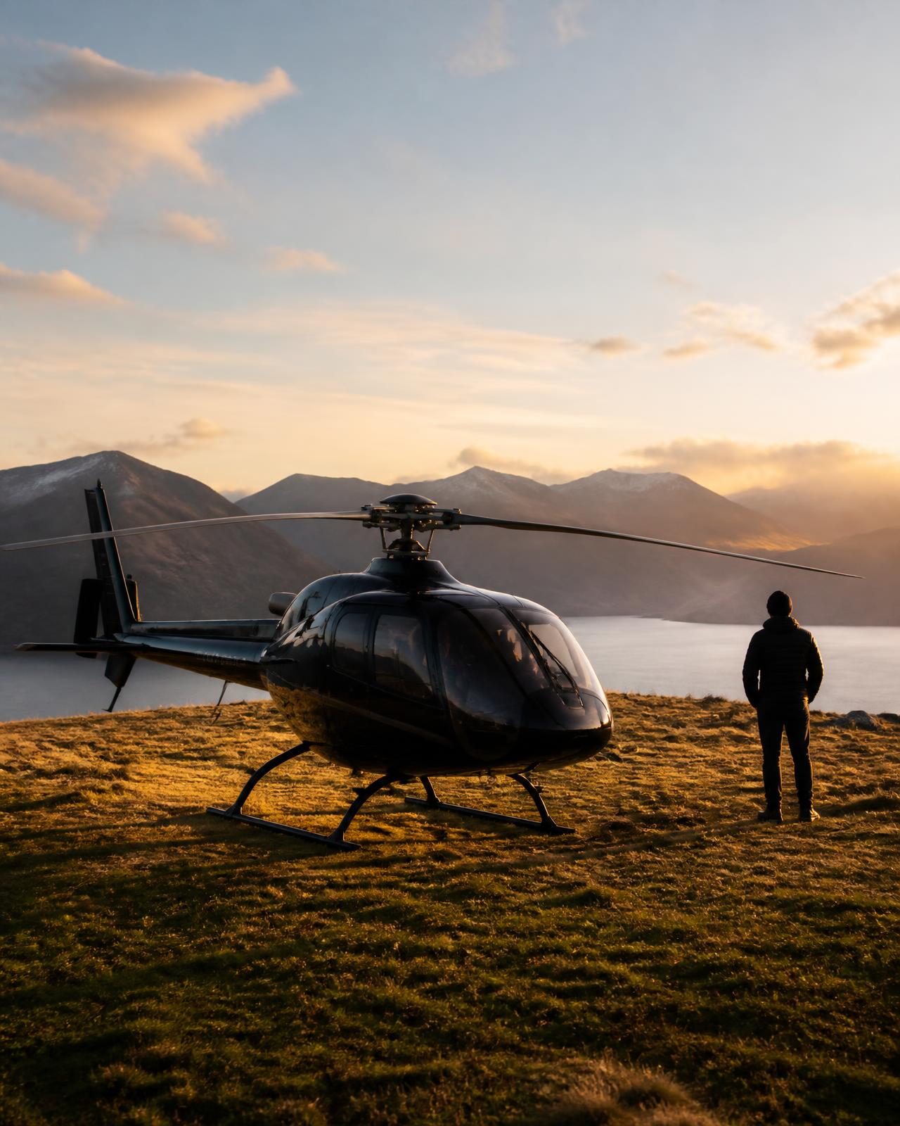 Robinson R66 helicopter on a remote hillside landing site at golden hour