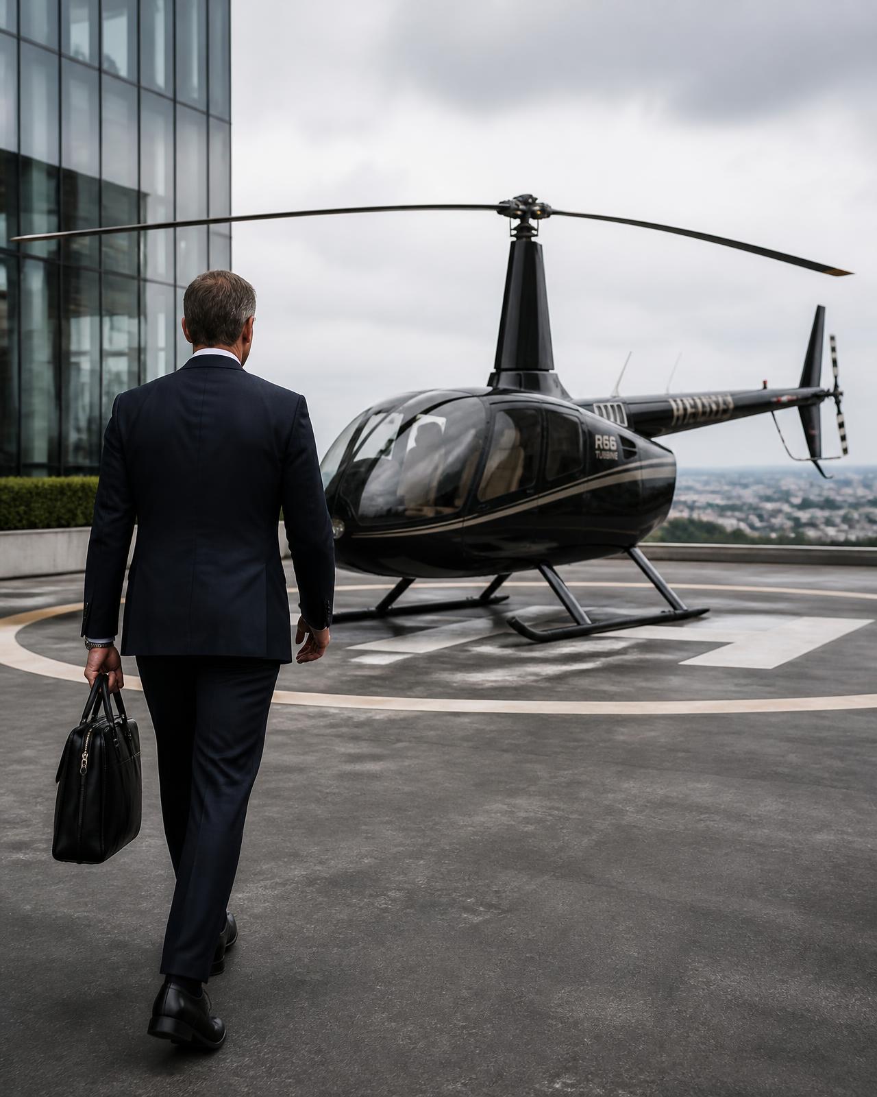 Executive walking towards a waiting Robinson R66 helicopter beside an office building