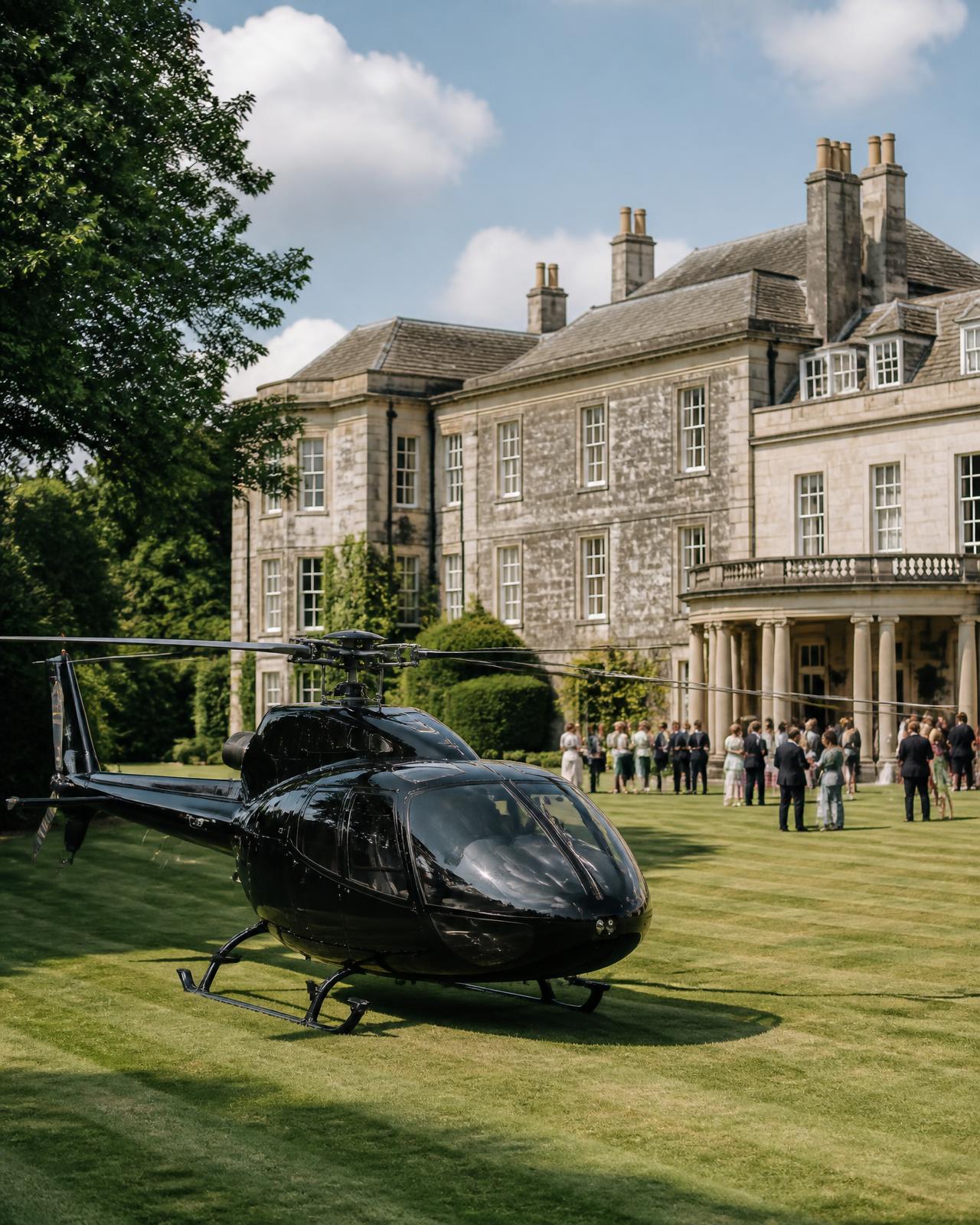 Robinson R66 helicopter on the lawn of an English country estate during an event