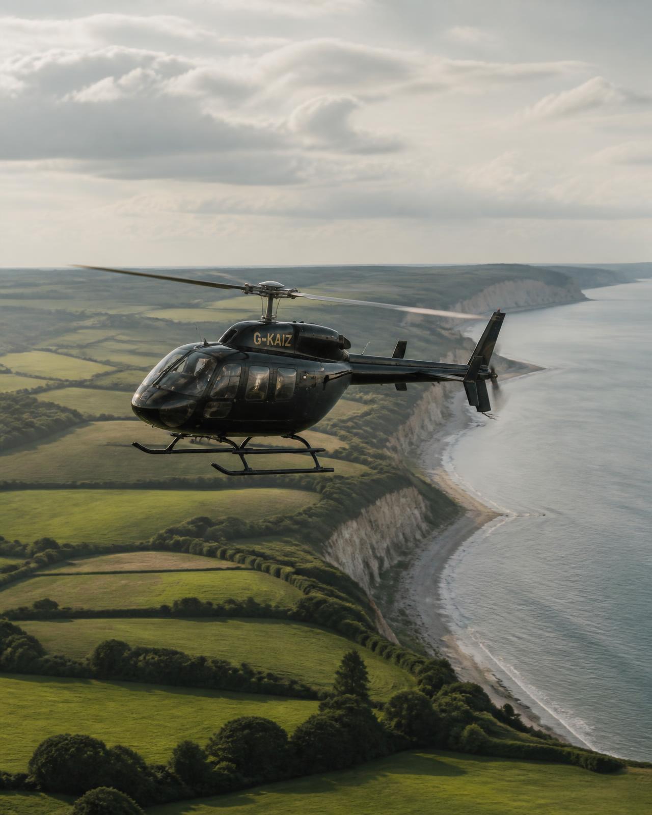 Robinson R66 helicopter in flight above the English coastline