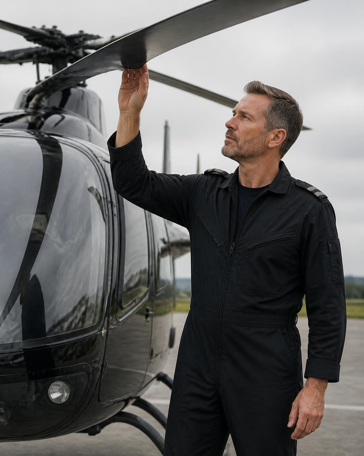 Pilot in uniform performing pre-flight checks beside a helicopter